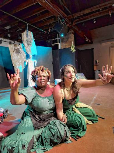 Actresses Tahmie Der, left, and Amanda Bowman will play Medusa’s sisters Euryale and Stheno in the play “Gorgons” at Hawks & Reed Performing Arts Center. The play will be staged March 8-10 and March 15-17.