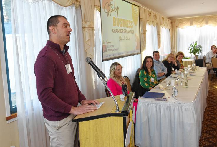 Robert Betsold of All States Materials Group talks at the Franklin County Chamber of Commerce breakfast at Terrazza Ristorante last week where the theme was “Sticky Business.”