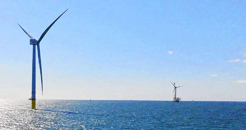 Wind turbines with the Vineyard Wind project stand in waters south of Martha’s Vineyard.