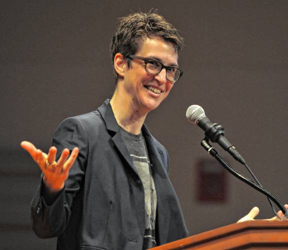 Rachel Maddow, seen here at Smith College, has written a new book, “Prequel,” about fascism in the U.S. during WWII.