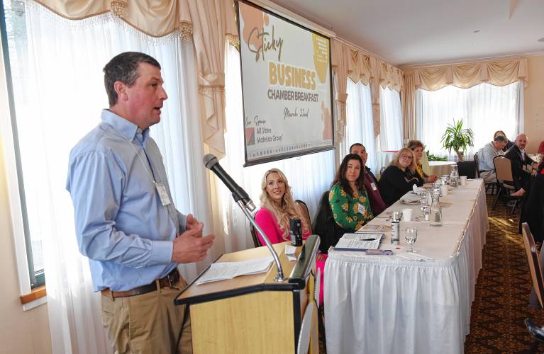 Chip Williams of Williams Farm Sugarhouse talks at the Franklin County Chamber of Commerce breakfast at Terrazza Ristorante last week where the theme was “Sticky Business.”