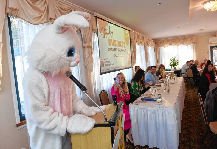 The Easter Bunny, who may have been Franklin County Chamber of Commerce board of directors Chair Wade Bassett, welcomes those to the Franklin County Chamber of Commerce breakfast at Terrazza Ristorante last week where the theme was “Sticky Business.” Puns were rampant as the featured speakers each described their sticky business situations involving everything from asphalt and maple syrup to doughnuts and honey.