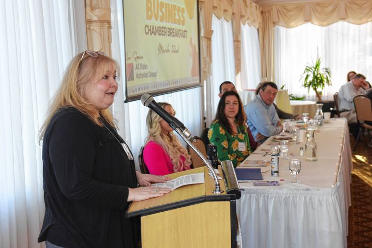 Sabra Billings of Adams Donuts talks at the Franklin County Chamber of Commerce breakfast at Terrazza Ristorante last week where the theme was “Sticky Business.”