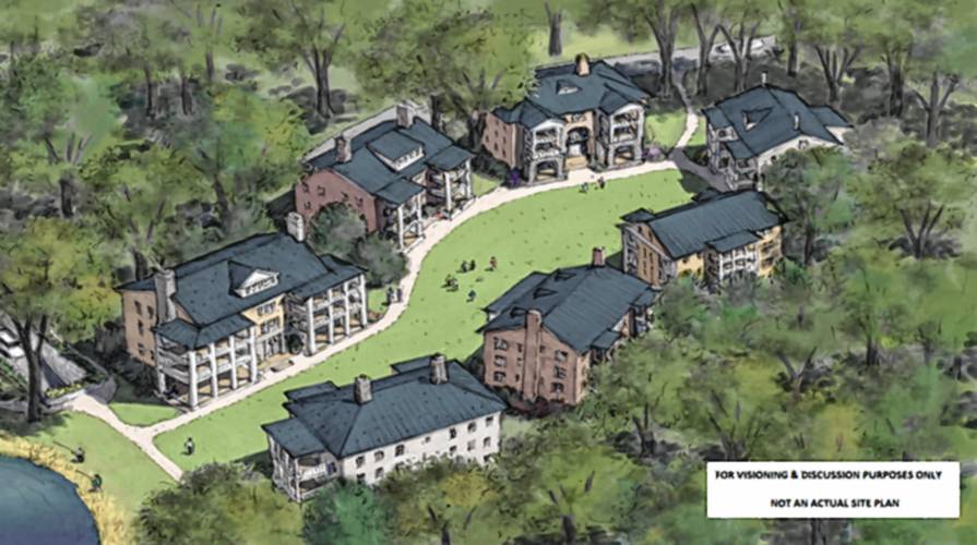 This schematic shows what the redevelopment of Juggler Meadow, the estate built for late Yankee Candle founder Michael J. Kittredge II, might look like if it comes to fruition. It was presented by Joshua Wallack, development manager for the Juggler Meadow Estate, at a Wednesday night meeting that drew hundreds of residents.