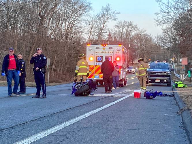 A man was airlifted to Baystate Medical Center in Springfield Friday night with non-life-threatening injuries after his motorcycle collided with a car on the French King Highway in Gill.