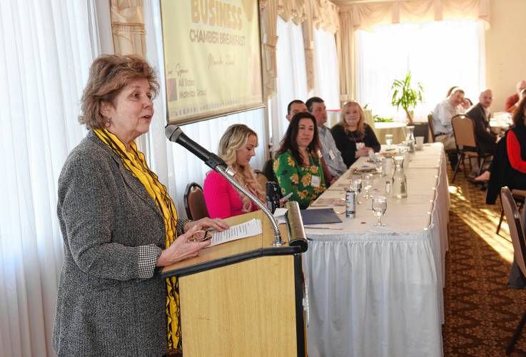 Sandy Thomas of the Greenfield Bee Fest talks at the Franklin County Chamber of Commerce breakfast at Terrazza Ristorante last week where the theme was “Sticky Business.”