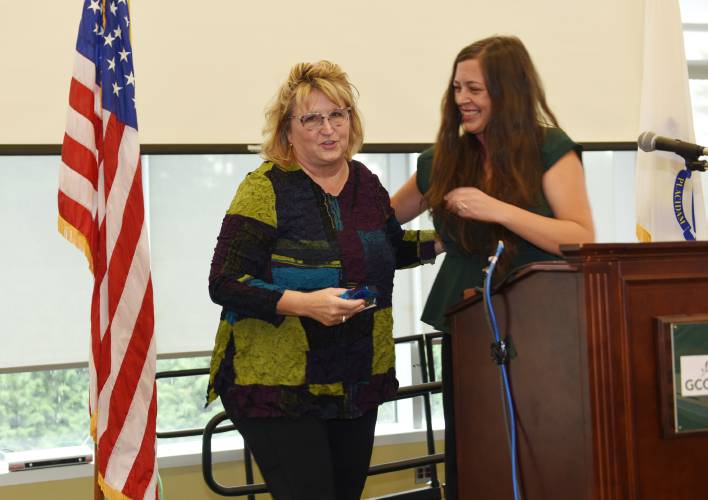 Lynda Zukowski, left, received the Community Star Award at the Children’s Advocacy Center of Franklin County and the North Quabbin’s seventh annual Hope, Healing & Help Breakfast at Greenfield Community College in 2022. At right is Abby Bliss of the Children’s Advocacy Center. This year’s breakfast, which will honor one local business and several area legislators, is planned for Friday, Sept. 15.