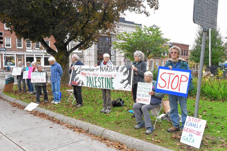 The Traprock Center for Peace and Justice and Kairos/Franklin County for Justice in Palestine gathered about a dozen protesters on the Greenfield Common on Wednesday afternoon to call for an immediate cease-fire in Gaza and the West Bank.
