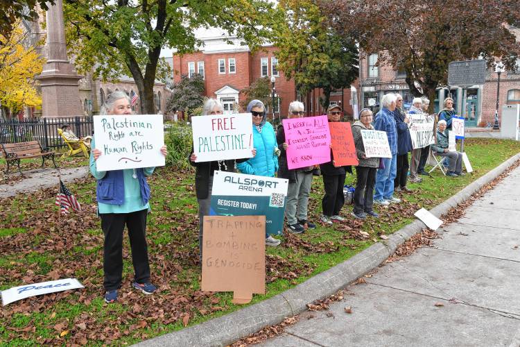 The Traprock Center for Peace and Justice and Kairos/Franklin County for Justice in Palestine gathered about a dozen protesters on the Greenfield Common on Wednesday afternoon to call for an immediate cease-fire in Gaza and the West Bank.