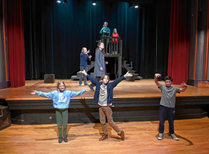 Those involved with the Young Shakespeare Players East theater program rehearse a scene from “The Tempest” ahead of four performances at the Shea Theater Arts Center in Turners Falls. 