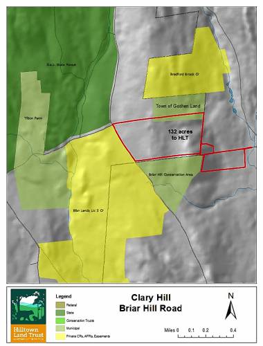 This map shows the outlines of the 132-acre Clary Hill, donated recently to the Hilltown Land Trust.
