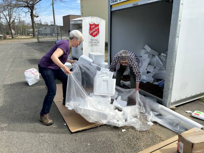 Alice Armen and Susan Campbell collect Styrofoam to be recycled during a special collection in Montague in 2023. The collections will be held in Wendell, Montague, Northfield and Leverett this year.