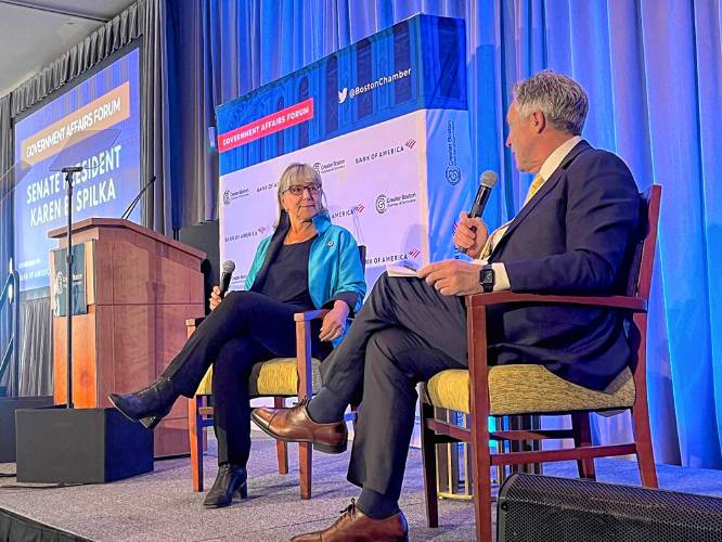 Senate President Karen Spilka answers questions from Greater Boston Chamber of Commerce President Jim Rooney at an event hosted at the Seaport Hotel by the chamber on Monday.
