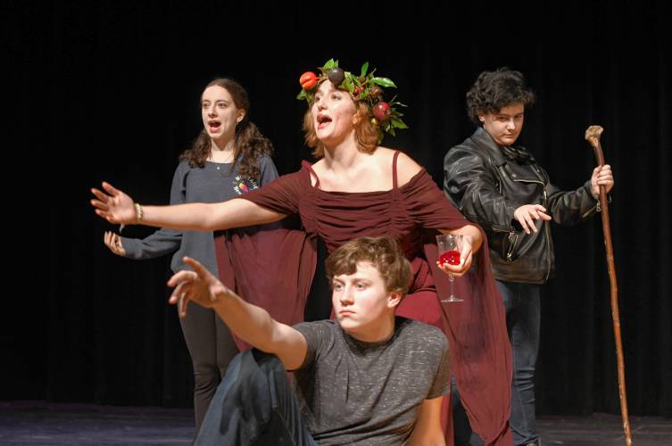 Cast members rehearse a scene from “Myth Adventures: Five Greek Classics” being put on at Greenfield High School. 