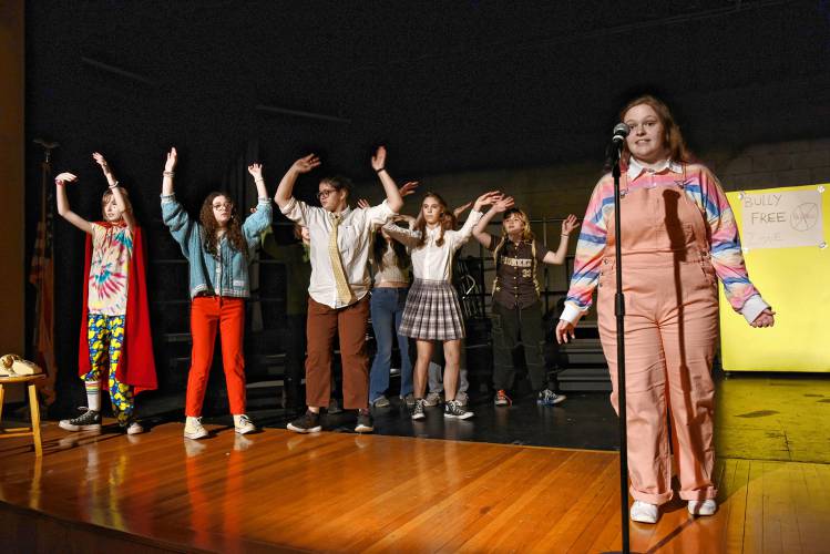 Nia Barton and other cast members at Pioneer Valley Regional School in Northfield rehearse for their spring production, “The 25th Annual Putnam County Spelling Bee.” 