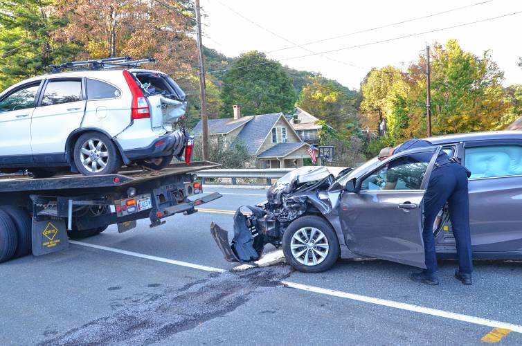 The aftermath of a three-vehicle crash at the intersection of Route 2 and State Street in Shelburne Falls in September 2023.