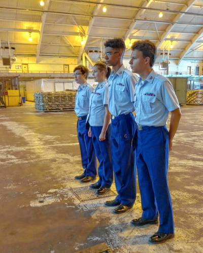 From left, Cadet Airman 1st Class Chayton Lundin, Cadet Staff Sgt. Katherine Stewart, Cadet Staff Sgt. Jacob Kraiem and Cadet Staff Sgt. Roman Powers-Moran, who represented the Brig. Gen. Arthur J. Pierce Cadet Squadron of Civil Air Patrol during the state’s Color Guard competition at the Westover Air Reserve Base in Chicopee on Oct. 7.