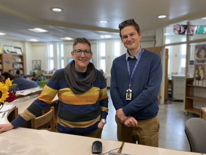 Mohawk Trail Regional School Librarian Emily Willis and Principal Chris Buckland, pictured in the school library. Willis was chosen to serve as co-director for the western region on the Massachusetts School Library Association’s Executive Board.