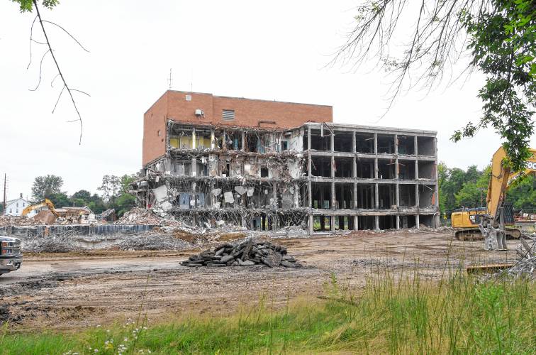 The former Farren Care Center, pictured under demolition in mid-August. Montague Town Administrator Steve Ellis told the Selectboard that there has been “substantial movement” in the Phase II environmental assessment being conducted at the site. Results will become available soon, he said.