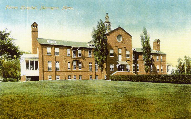 A postcard shows the Farren Memorial Hospital, prior to the construction of the addition in the 1960s.