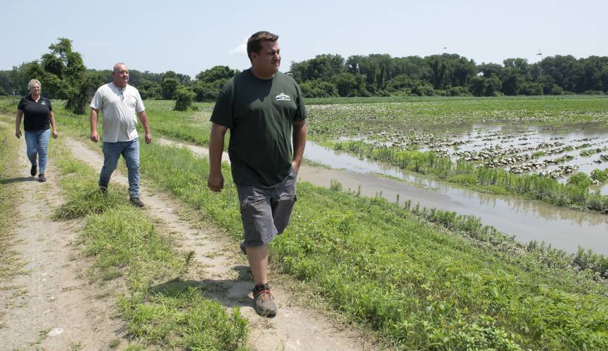 Shelly Szawlowski, Ronnie Smiarowski and Teddy Smiarowski III look at the flood damage to their farm’s fields off the Hatfield dike on July 12.