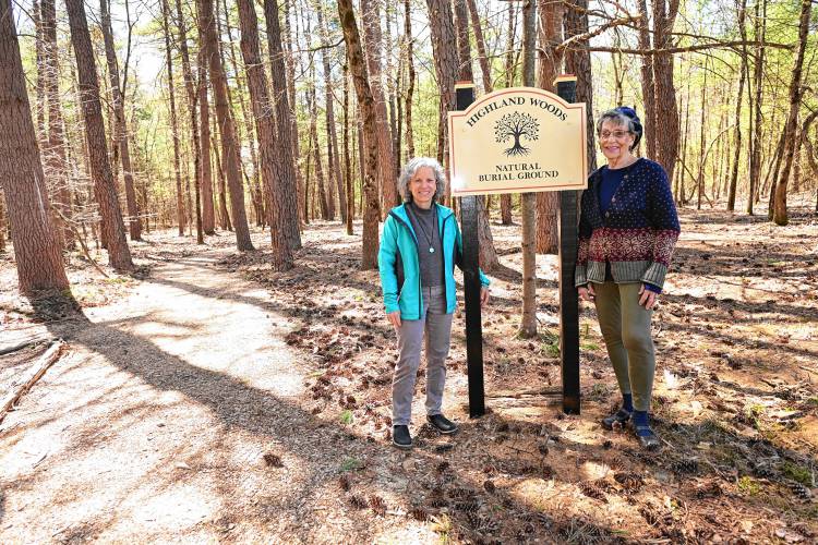 Judith Lorei and Mary Kay Mattiace of the Montague Cemetery Commission at the new Highland Woods Natural Burial Ground at the rear of Highland Cemetery on Millers Falls Road. 