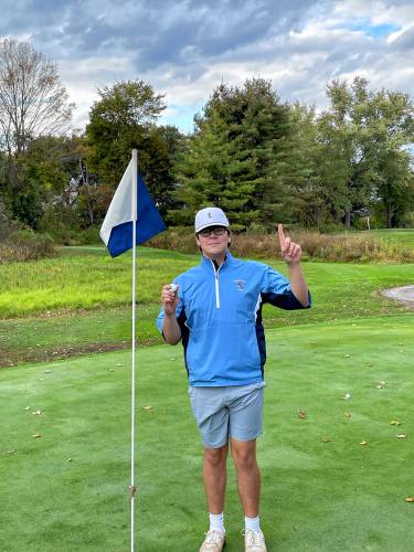Turners Falls senior Joey Mosca recorded a hole-in-one at the seventh hole at Thomas Memorial Golf & Country Club in Turners Falls during a match against Hopkins Academy on Tuesday.