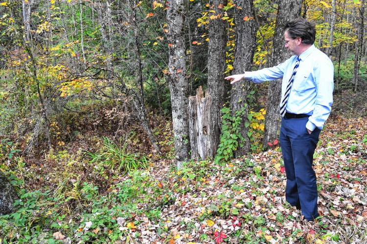 First Assistant District Attorney Steven Gagne points to the wooded area off of Route 78 in Warwick where a woman’s dismembered body was found in 1989. The woman has never been identified, but Gagne hopes new technology can reveal a relative and some leads to solve the case.