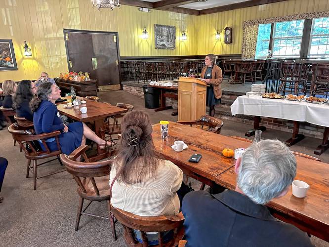 Erving Town Planner Mariah Kurtz speaks at a reception held Thursday at the French King Restaurant recognizing the complete installation of safety barriers at the French King Bridge.