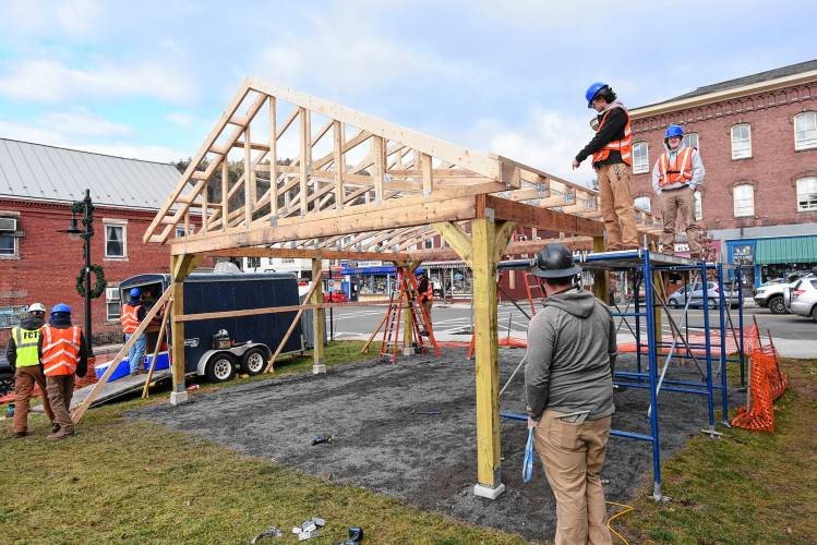Franklin County Technical School carpentry students are building a pavilion on the lot at the corner of Deerfield Avenue and Bridge Street in Shelburne Falls. 