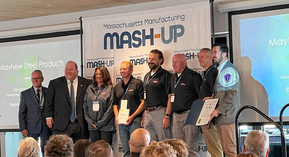 Mayhew Tools is recognized during the eighth annual Manufacturing Awards Ceremony at Polar Park in Worcester on Tuesday. Pictured from left: Rep. Jeff Roy; Sen. Paul Feeney; Lisa DeLisle, chief human resource officer with Mayhew Tools; Bill Lawless, co-owner and co-president of Mayhew Tools; Kurt Richter, director of business operations with Mayhew Tools; Tony Kochell, plant manager at the Ormond Beach, Florida branch of Mayhew Tools; Steve Richardson, chief financial officer of Mayhew Tools; and Jared Freedman, chief of staff with Sen. Jo Comerford’s office.