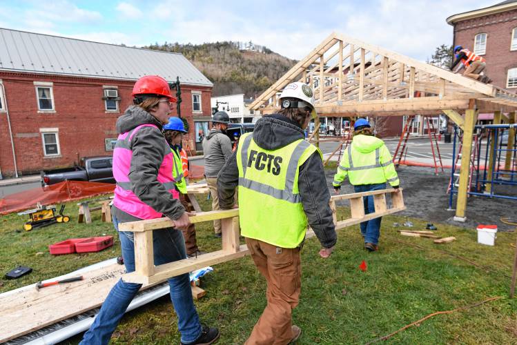 Franklin County Technical School carpentry students are building a pavilion on the lot at the corner of Deerfield Avenue and Bridge Street in Shelburne Falls. 