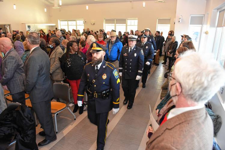 The Greenfield Police Color Guard enters the John Zon Community Center for the new mayor’s inauguration ceremony and oath of office. 