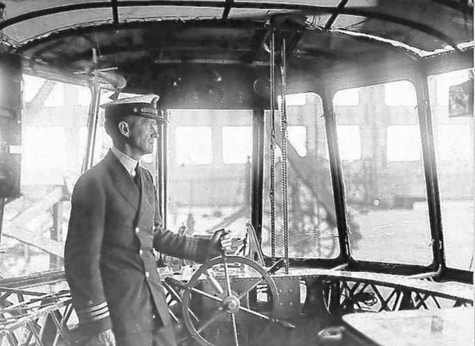 Cmdr. Frank McCrary at the helm of the USS Shenandoah, a Navy airship that flew over Orange on Nov. 20, 1923.