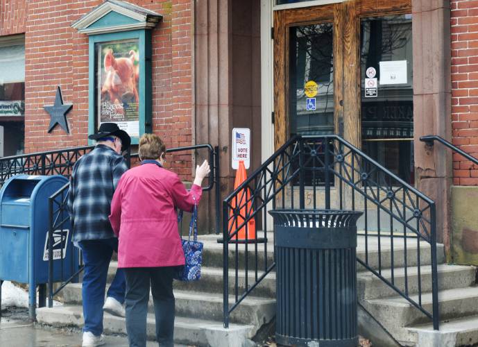 Voters arrive at Memorial Hall in Shelburne to cast their ballots in 2020. Due to a recent resignation, an additional seat as a trustee of the Shelburne Free Public Library will be available in the May 16 election, with a one-year unexpired term.