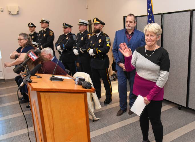 After being sworn in, new Greenfield Mayor Virginia “Ginny” Desorgher addresses those in attendance at the John Zon Community Center on Tuesday morning.