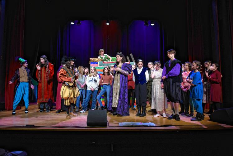 The cast during a rehearsal of “Once Upon a Mattress” put on by the Four Rivers Charter Public School Drama Club at the Shea Theater Arts Center in Turners Falls.