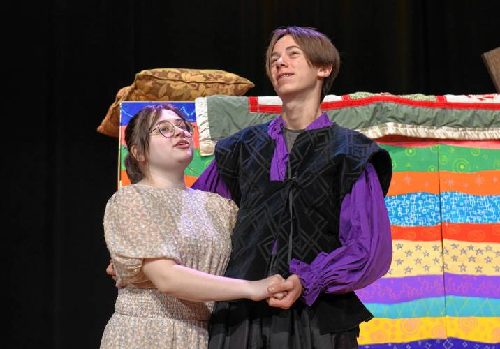 Marcy Meehleder as Lady Larkin and Quentin Jones as Sir Harry during rehearsals of “Once Upon a Mattress” put on by the Four Rivers Charter Public School Drama Club at the Shea Theater Arts Center in Turners Falls.