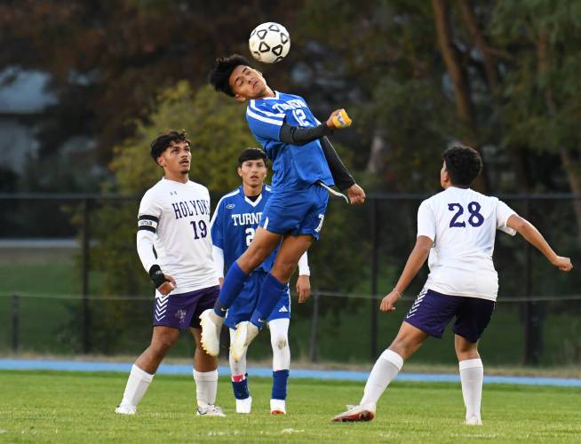Turners Falls’ Yolvin Ovalle-Mejia heads the ball against Holyoke during the Thunder’s 5-0 win at the Bourdeau Fields Complex in Turners Falls on Tuesday evening. 