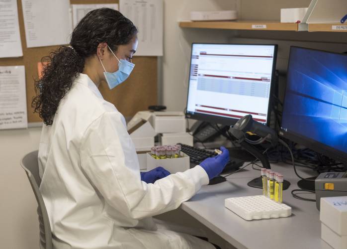 A University of Massachusetts Amherst biology major logs COVID-19 test samples in the accessioning room of the Institute for Applied Life Sciences Clinical Testing Center, or ICTC, in 2021.