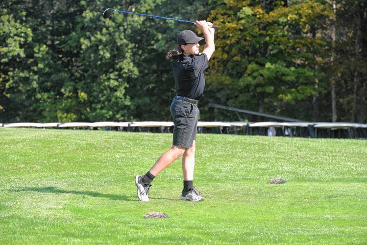 Greenfield’s Luke Scotera tees off on Hole No. 1 during a match against Athol at the Country Club of Greenfield on Wednesday. 