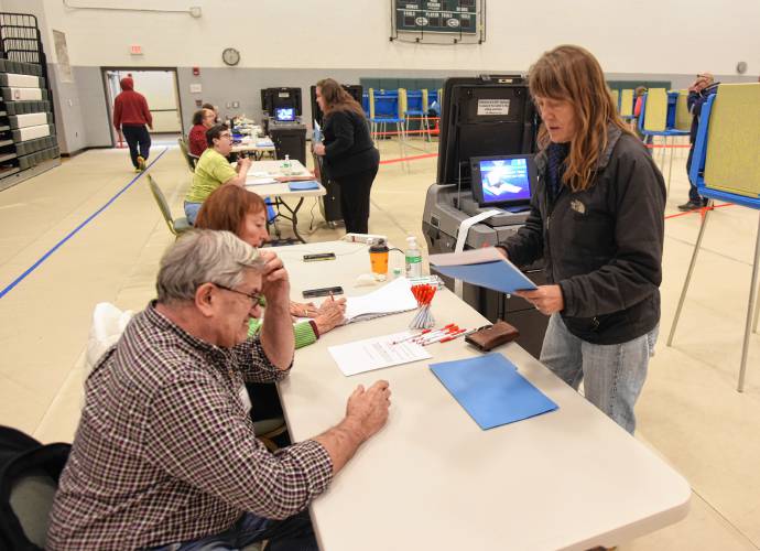 Tamara Grogan registers her vote at Greenfield High School on Tuesday.