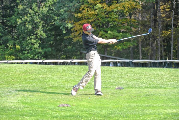 Greenfield’s Tyler Zdanowicz tees off on Hole No. 1 during a match against Athol at the Country Club of Greenfield on Wednesday.