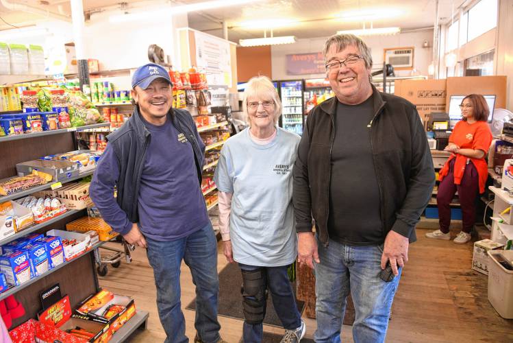 Owner and co-manager David Kong, butcher Paula Rice and co-manager Ken Hall at Avery’s General Store in Charlemont.