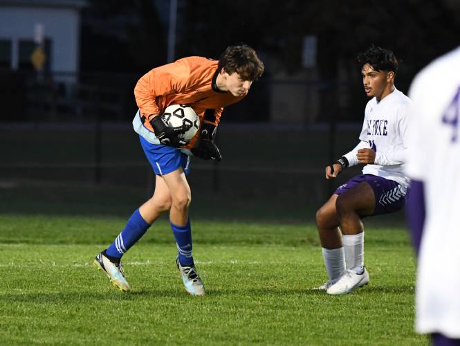 Turners Falls goalie makes a save against Holyoke at the Bourdeau Fields Complex in Turners Falls on Tuesday evening. 