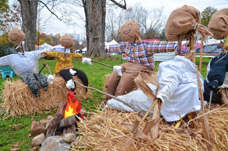 The “S’mores With Papa” scarecrow family at the 19th annual Scarecrow in the Park festival at Cushman Park in Bernardston.