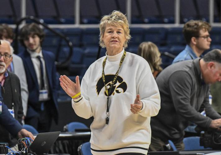 Iowa head coach Lisa Bluder is seen during a morning practice session at a college basketball NCAA Tournament in Albany, N.Y. Friday, March 29, 2024. Iowa plays Colorado in a Sweet 16 game on Saturday. (AP Photo/Hans Pennink)