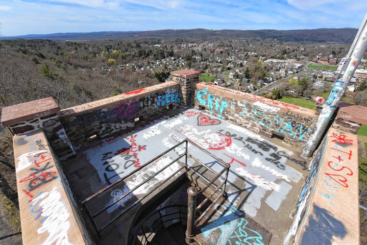 Graffiti on the top level at Poet’s Seat Tower in Greenfield.